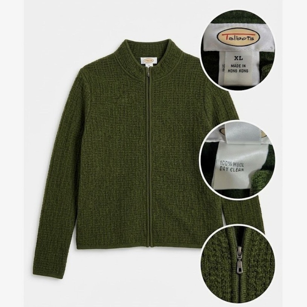 Vintage Talbots Womens XL Wool Sweater Jacket Green Zip Cardigan Mock Neck 90s
